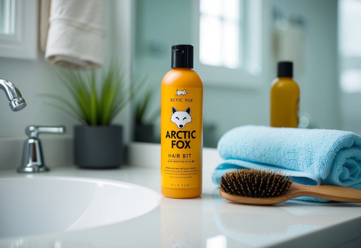 A bottle of Arctic Fox hair dye sits on a bathroom counter next to a damp towel and a hairbrush