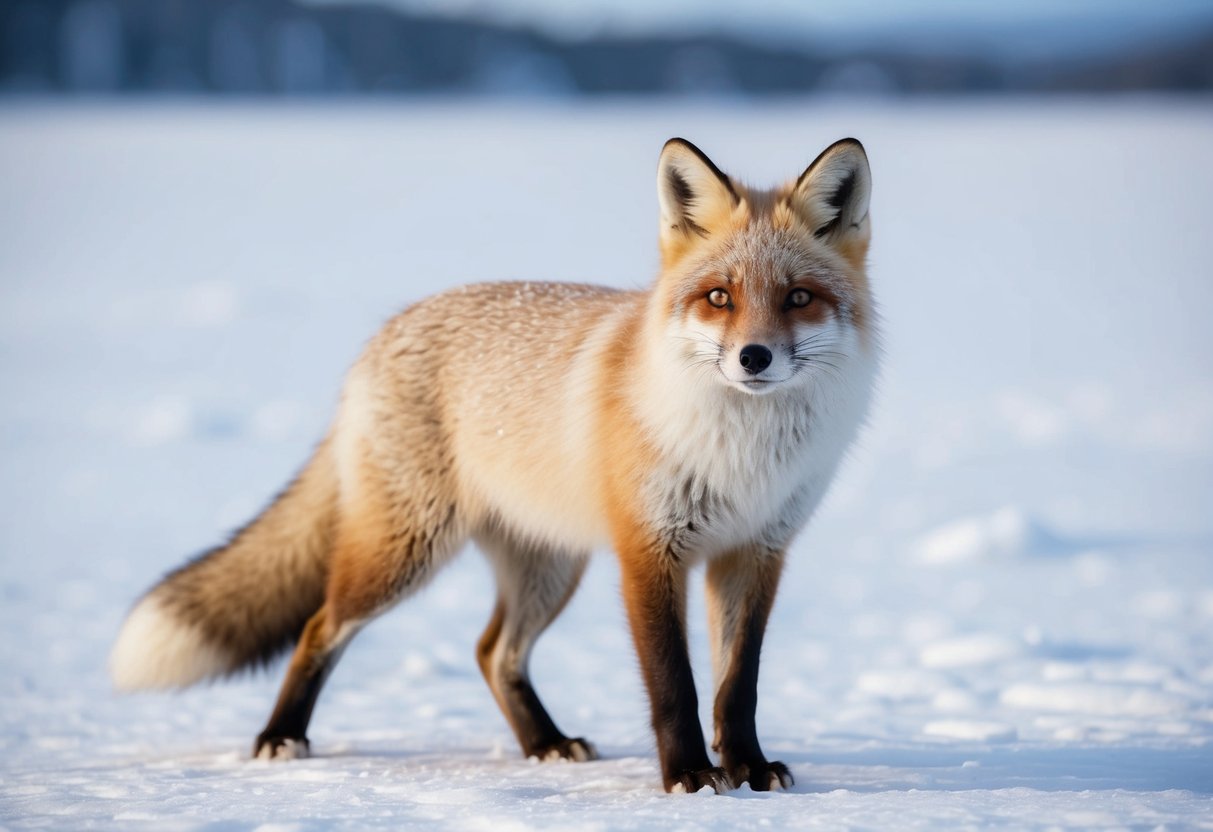 An arctic fox with luscious, shiny fur standing in a snowy landscape