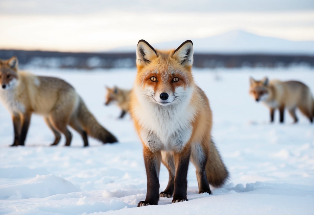 An arctic fox in a snowy landscape, its fur vividly dyed in bright colors, surrounded by other animals in their natural habitat