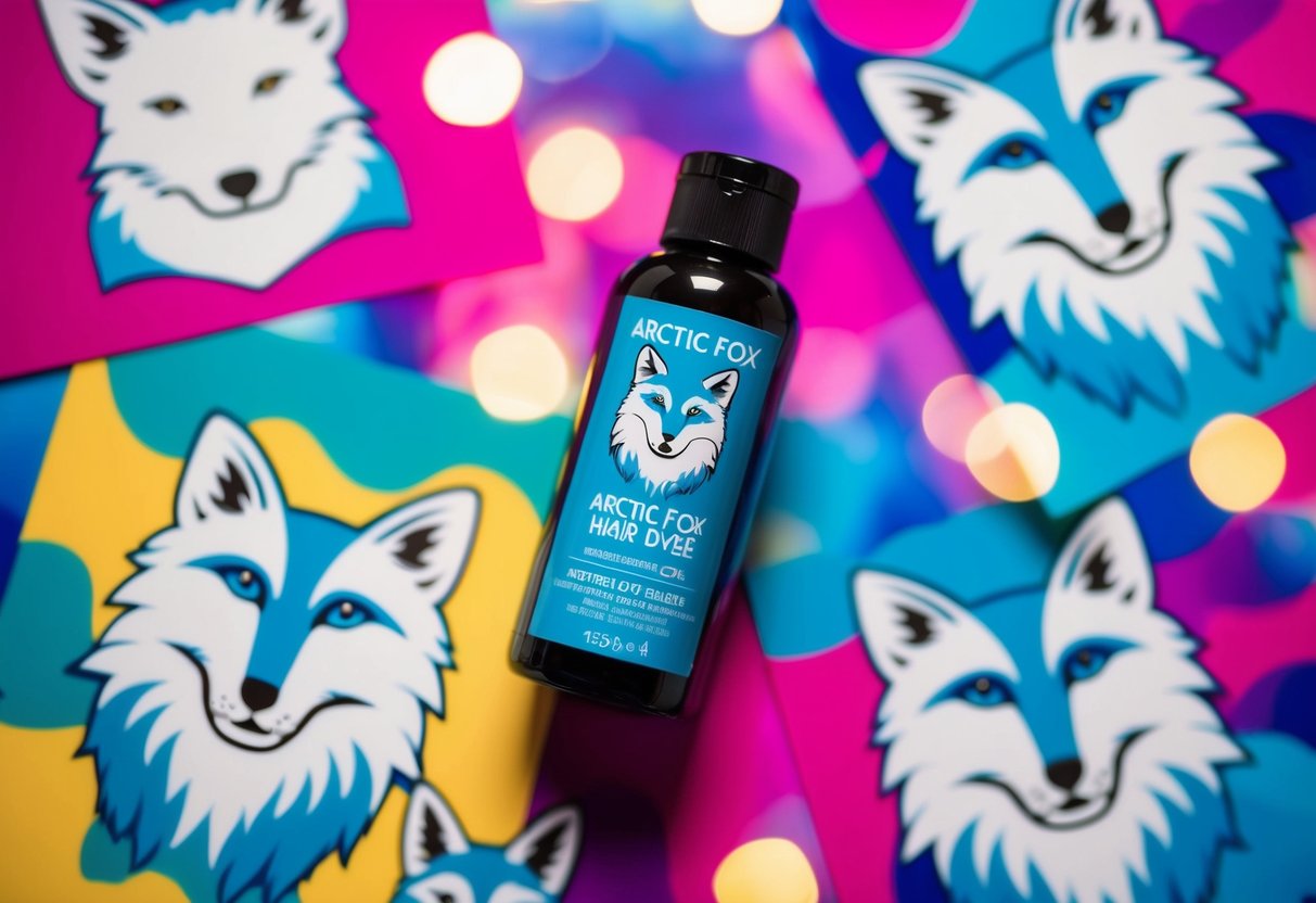 A bottle of Arctic Fox hair dye surrounded by vibrant, arctic fox illustrations