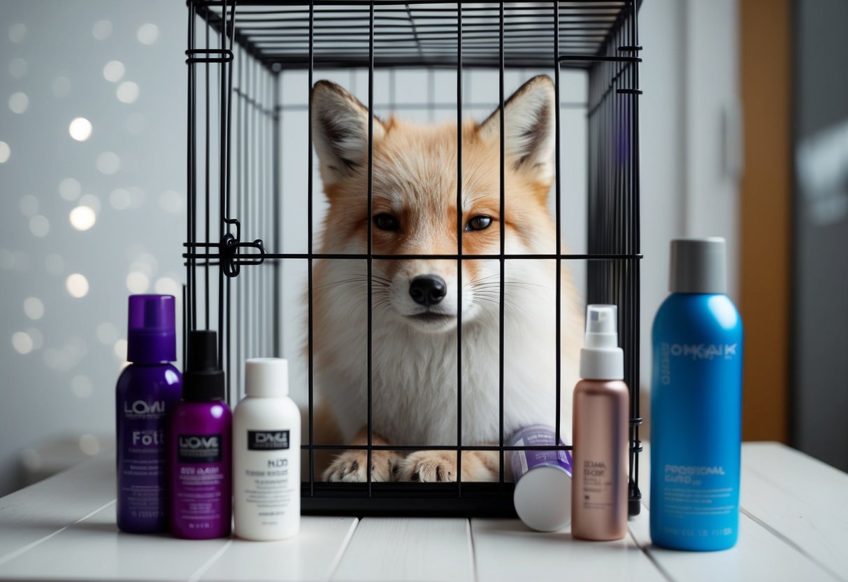 An arctic fox looks distressed in a small cage, surrounded by bottles of hair dye and cosmetic products