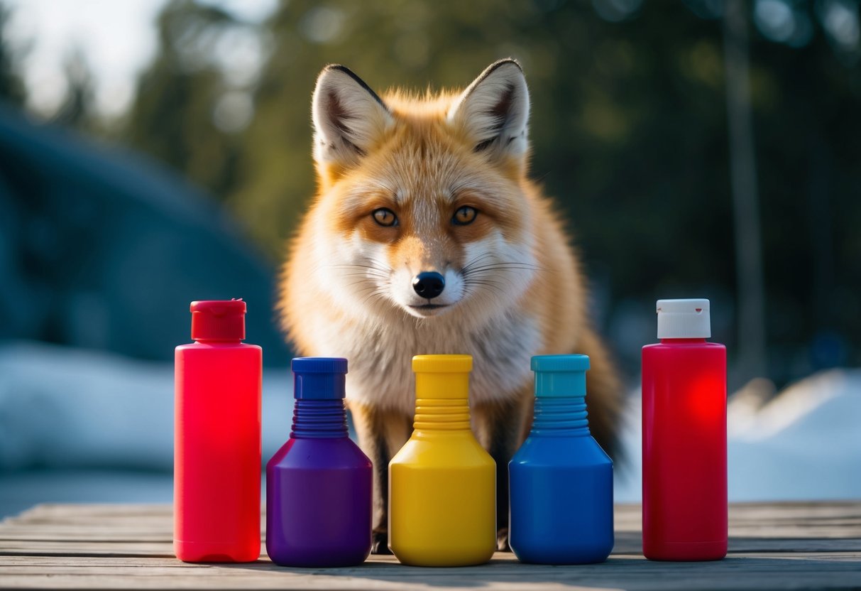 A vibrant arctic fox surrounded by dye bottles, symbolizing brand culture and customer connection