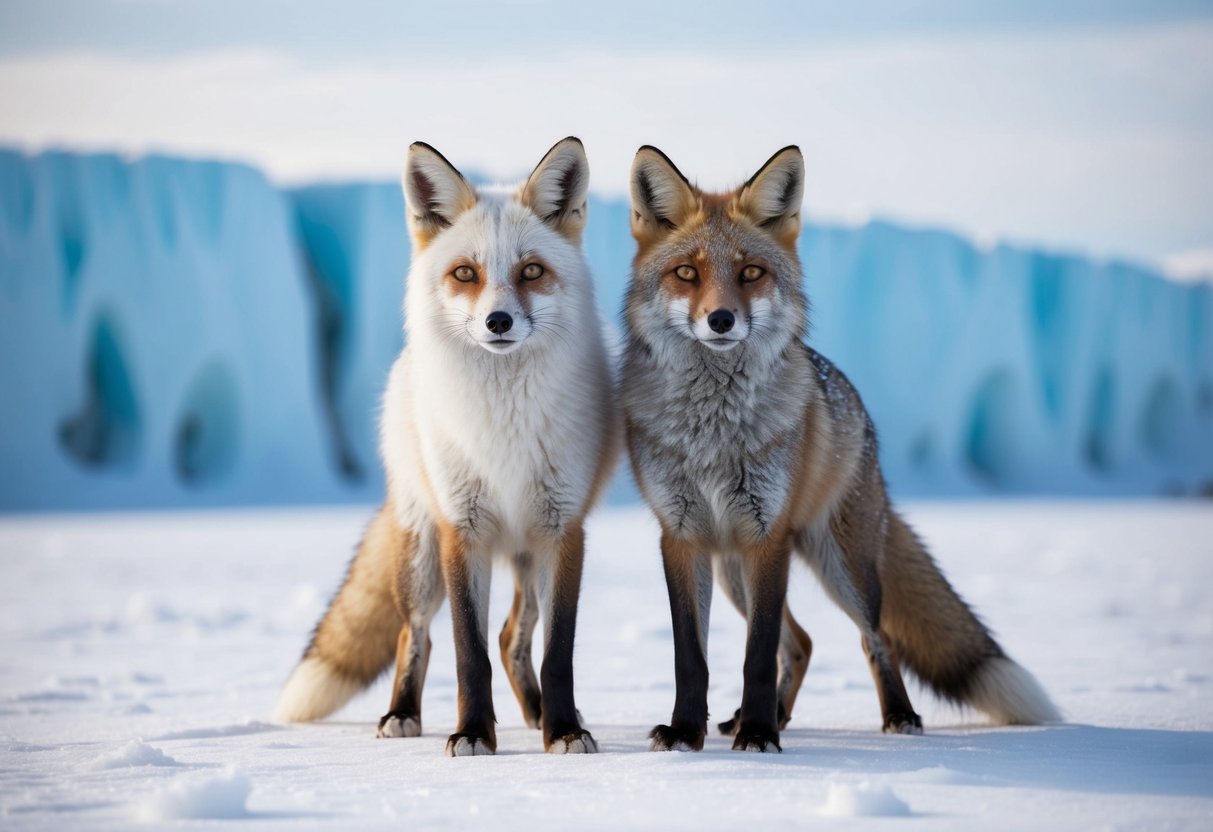 Two foxes, one white and one gray, stand side by side in a snowy landscape, surrounded by icy cliffs and a frozen tundra