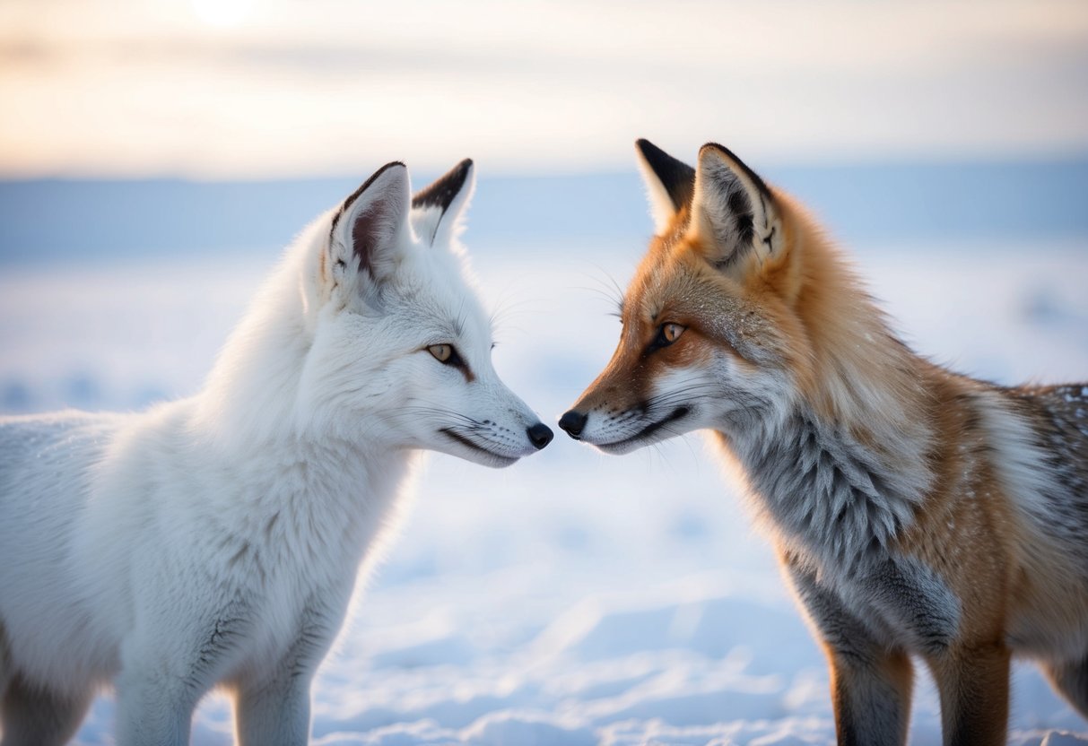 Two foxes, one white and one gray, stand in a snowy arctic landscape, their eyes fixed on each other as they size each other up