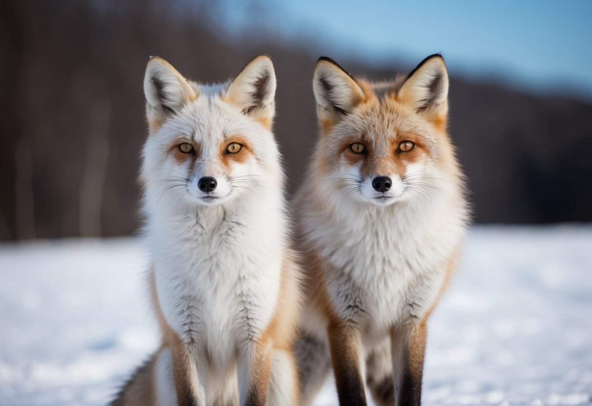 Two foxes, one snow fox and one arctic fox, standing side by side in a snowy landscape, with a clear distinction between their fur colors and features