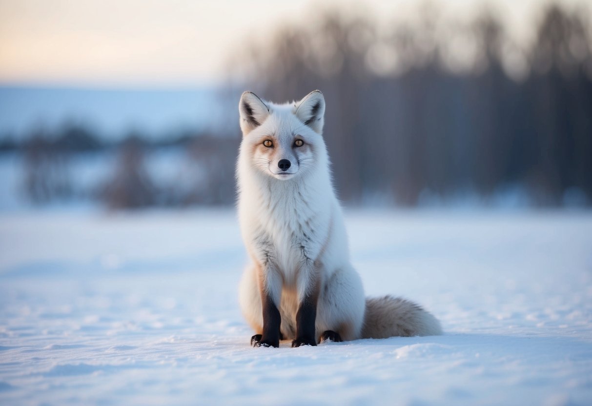 An arctic fox sitting in a snowy landscape, its white fur blending in with the icy surroundings