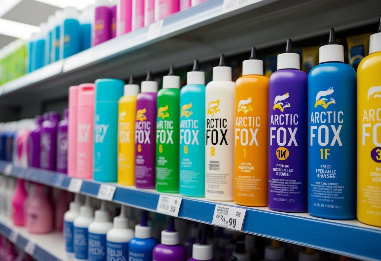A row of colorful hair dye bottles, including Arctic Fox, displayed on a shelf in a store