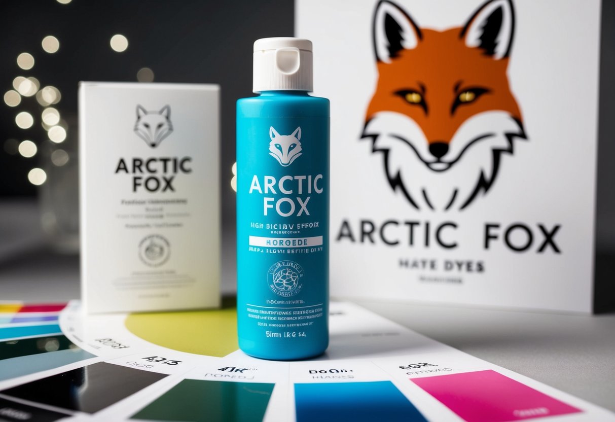 A bottle of Arctic Fox hair dye sits next to a color swatch chart, with a fox illustration in the background