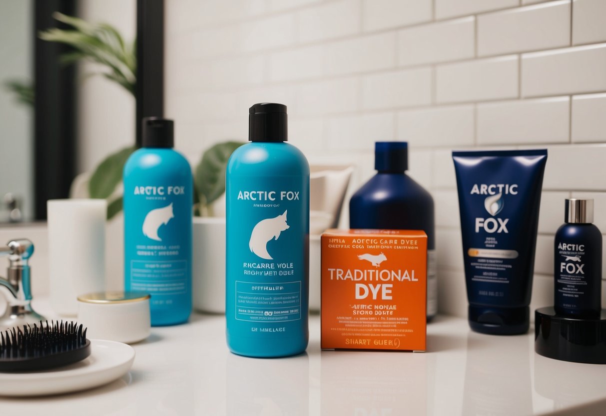 A bottle of Arctic Fox hair dye sits next to a box of traditional dye on a bathroom counter, surrounded by hair care products