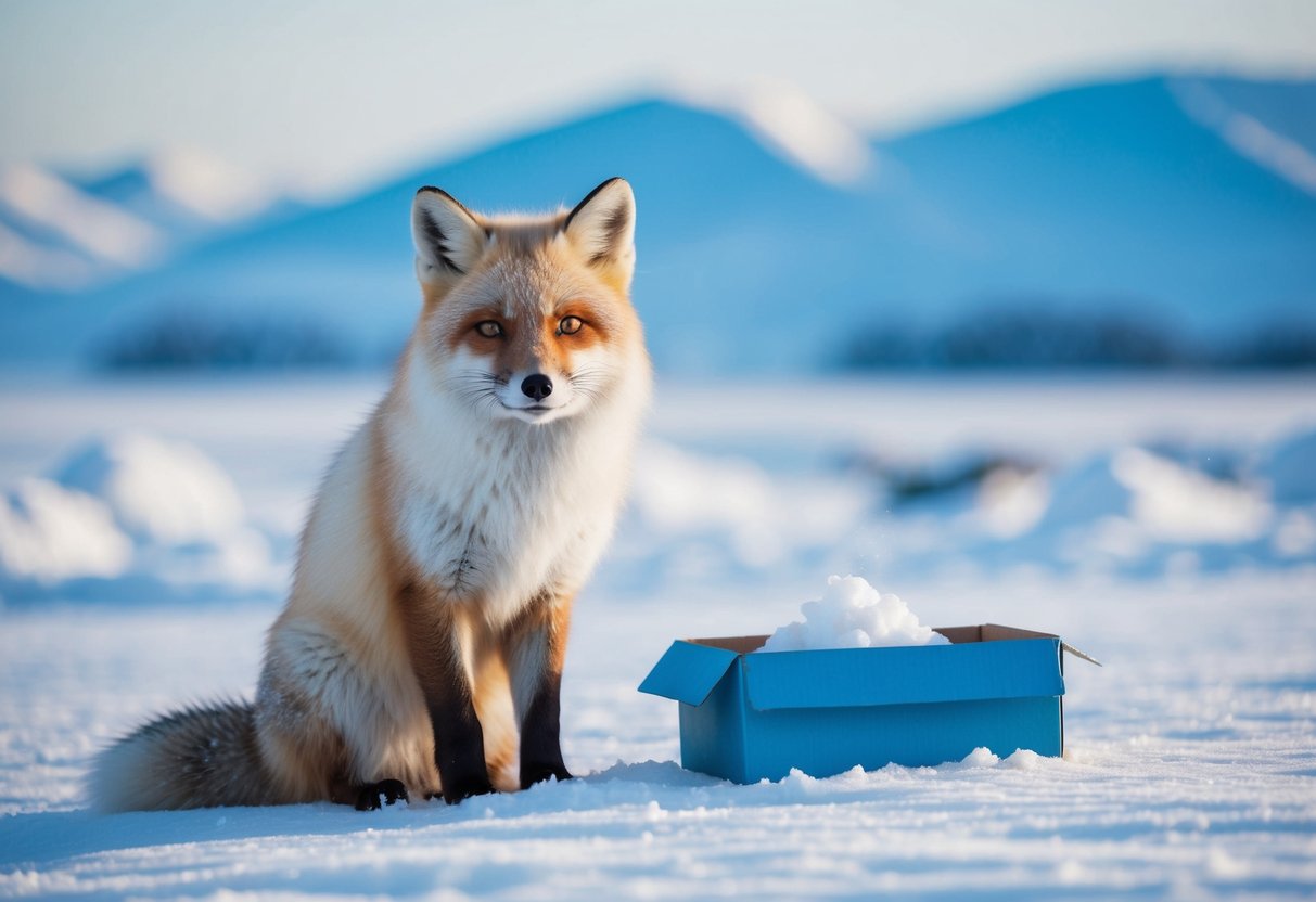 An arctic fox sits beside a box of dye, surrounded by snowy landscapes and icy blue hues
