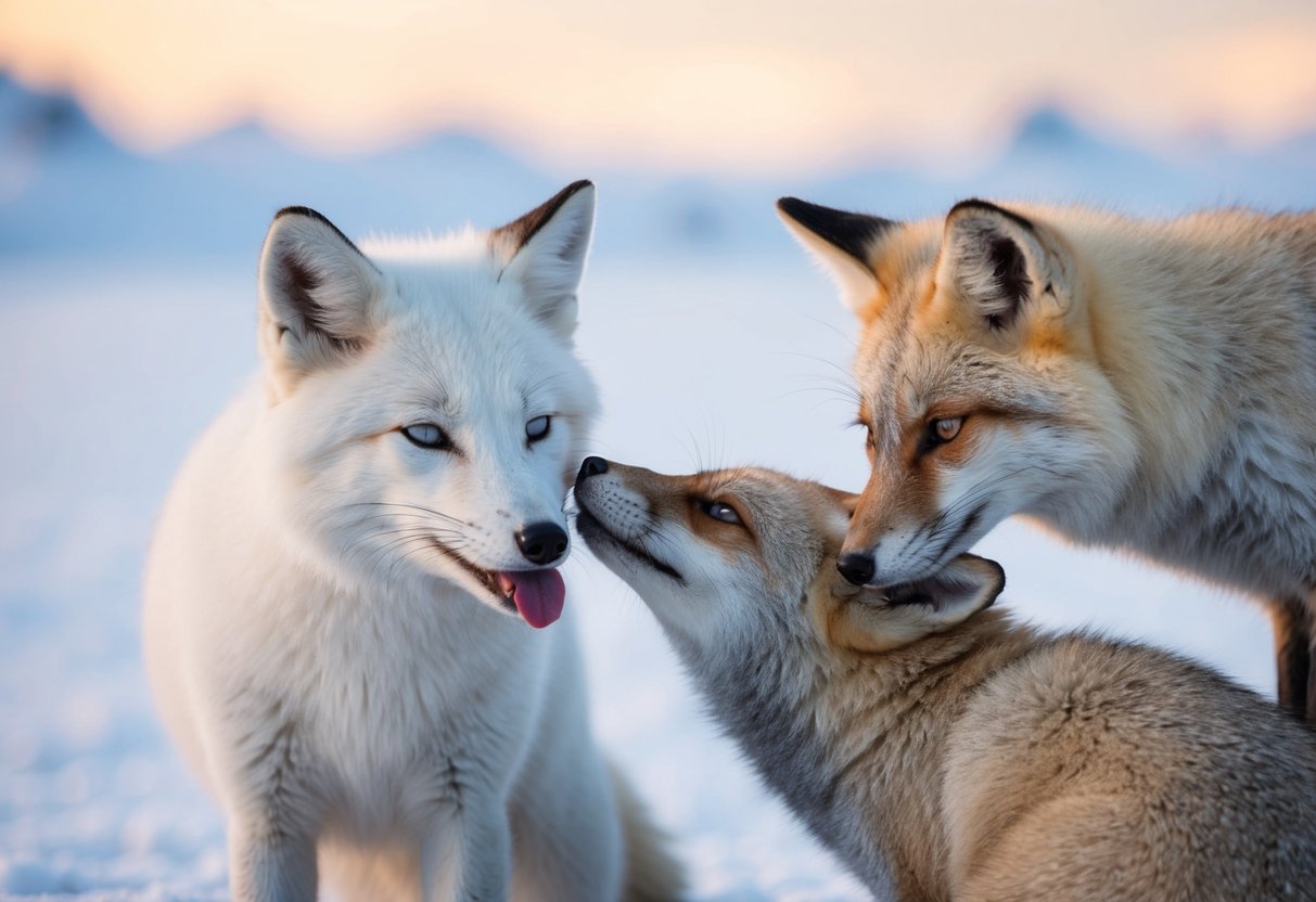 An arctic fox licks its paw and gently grooms the fur of another fox, removing the remnants of a ritual from its companion's hair