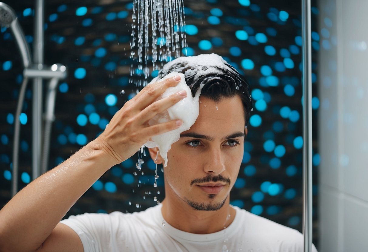 A person rinsing their hair under running water in a shower, using their fingers to gently massage and lather shampoo into their hair to remove the Arctic Fox ritual color