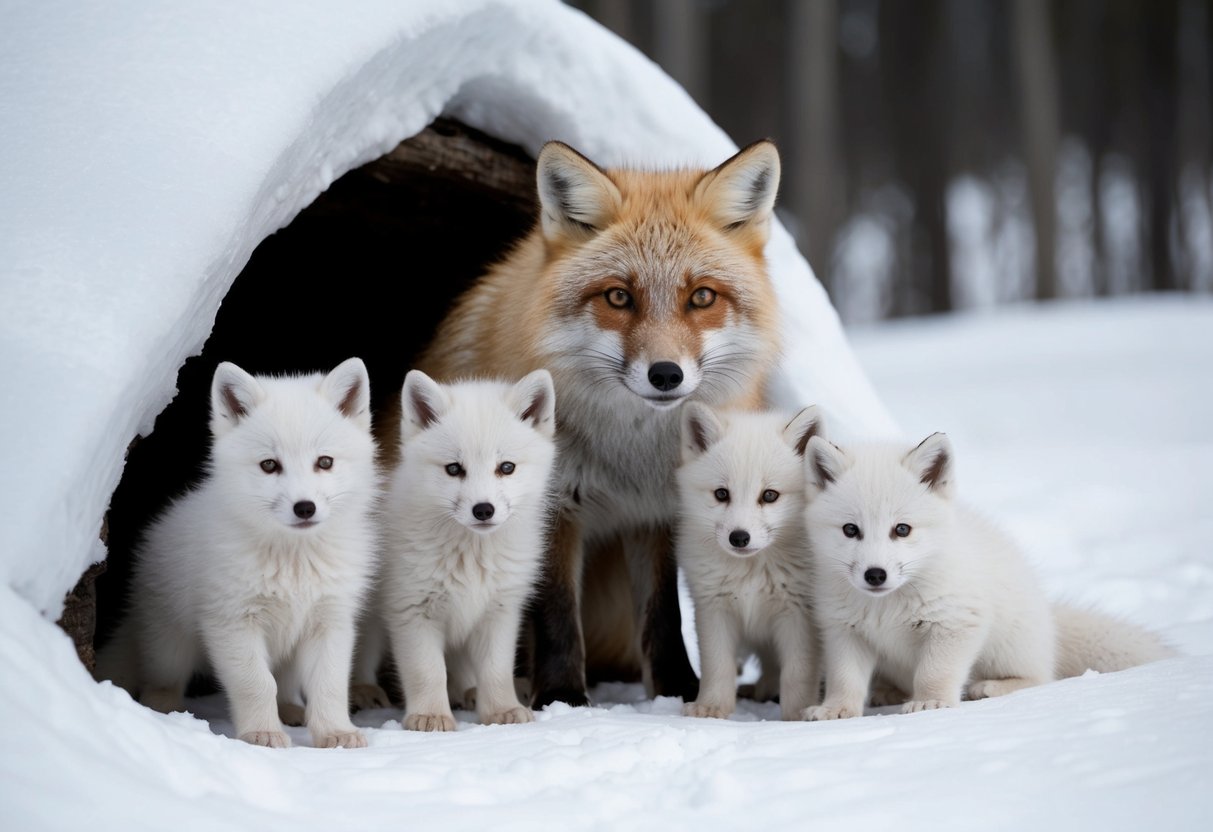 An arctic fox mother with 4 fluffy white pups in a snow-covered den