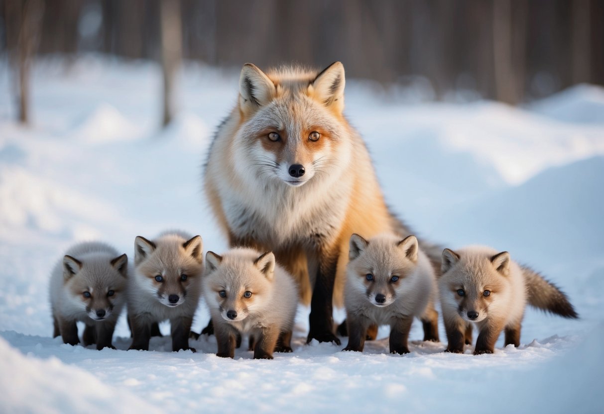 An arctic fox mother with 4-10 fluffy white and brown pups in a snowy den
