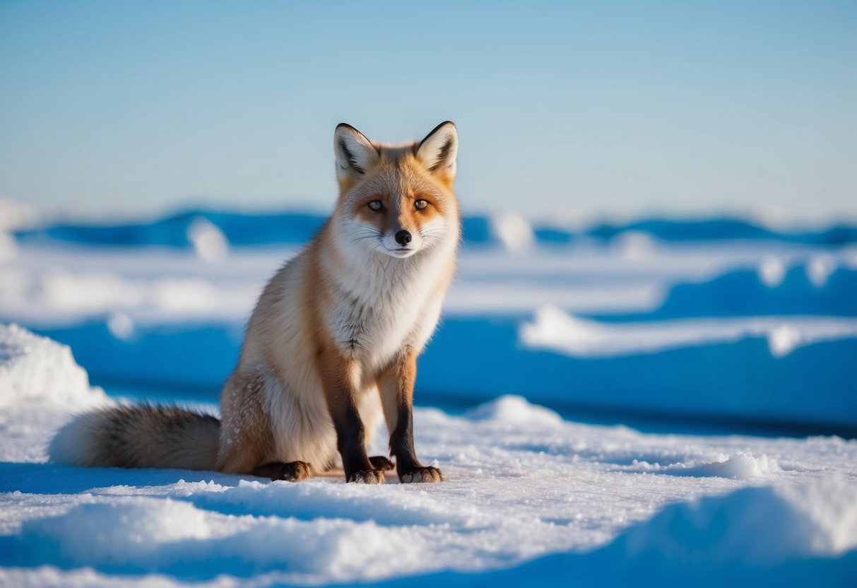 An arctic fox sits in a snowy landscape, surrounded by icy terrain and a clear blue sky