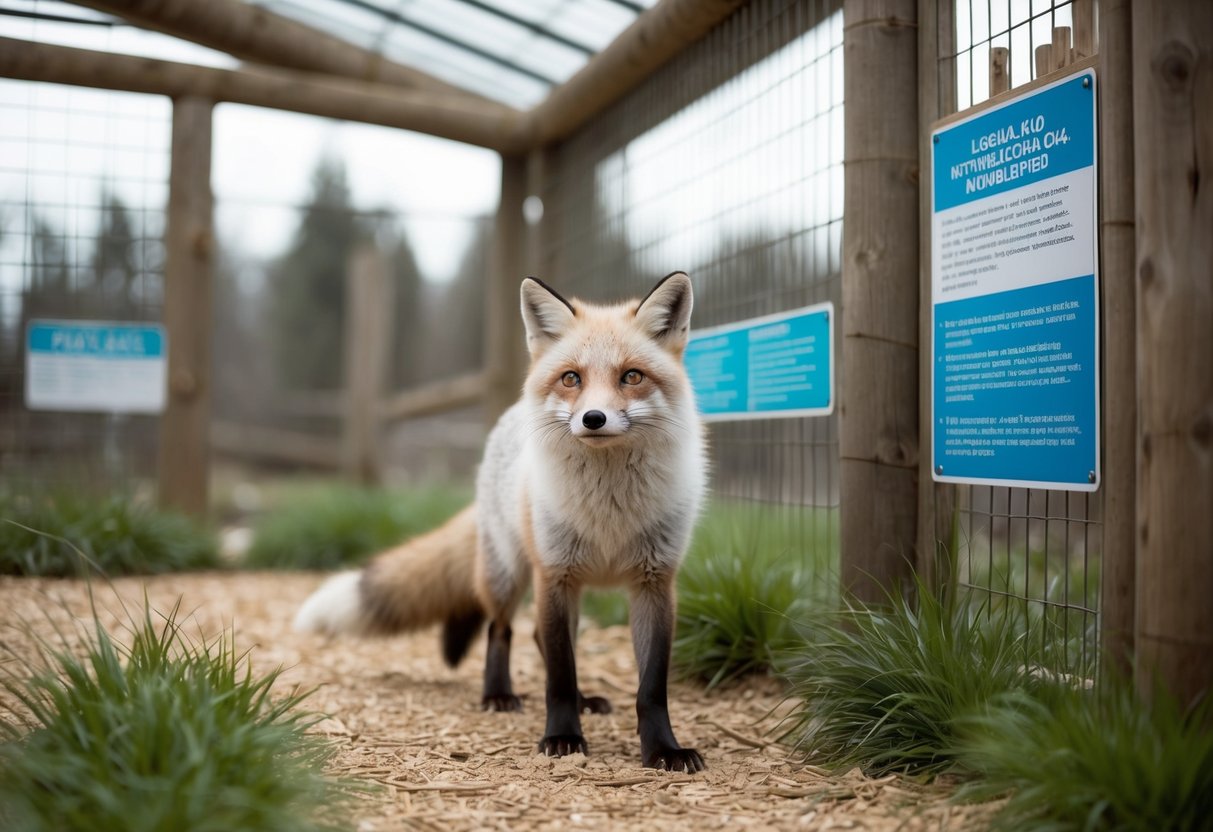 An arctic fox in a spacious, naturalistic enclosure with appropriate shelter and enrichment, surrounded by informational signs about legal and ethical considerations