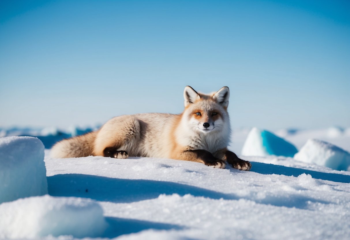 An Arctic fox lounges in a snow-covered landscape, surrounded by icy rocks and a clear blue sky
