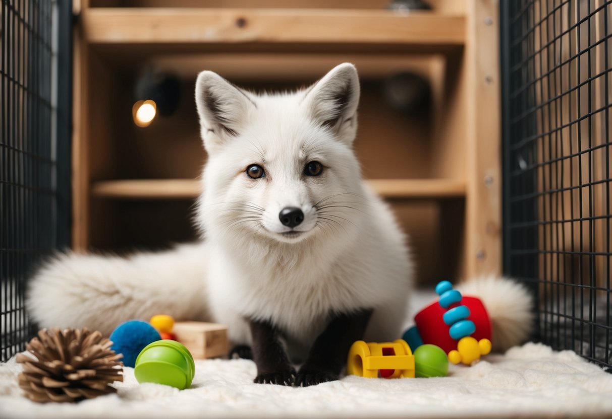 An arctic fox sits in a cozy indoor enclosure, surrounded by toys and enrichment items. Its fluffy white fur and sleek body are depicted with attention to detail