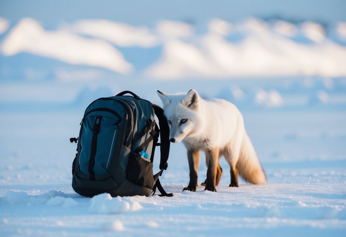 An arctic fox sniffs curiously at a human's backpack left unattended in the snow, its white fur blending in with the icy landscape