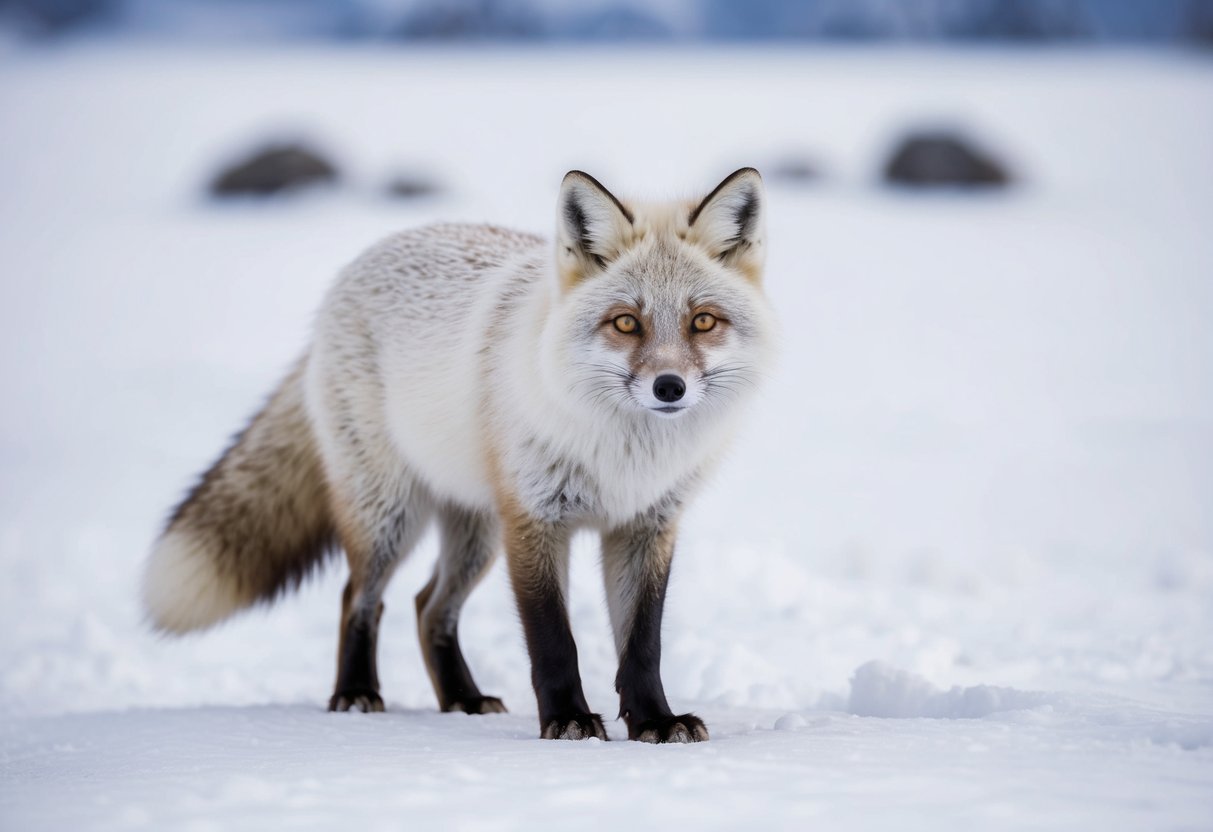 An arctic fox with thick white fur and a bushy tail, blending into a snowy landscape, its keen eyes scanning for prey