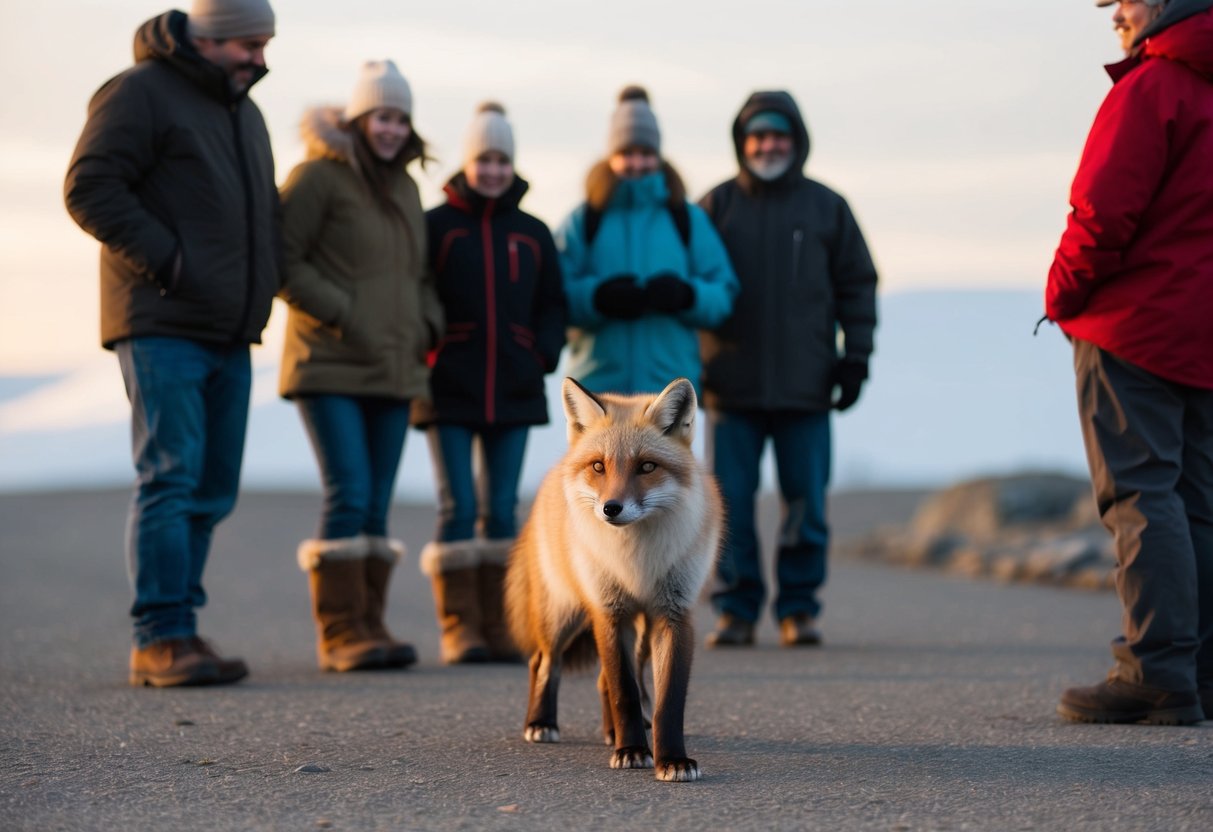 An arctic fox approaches a group of people, showing curiosity and friendliness
