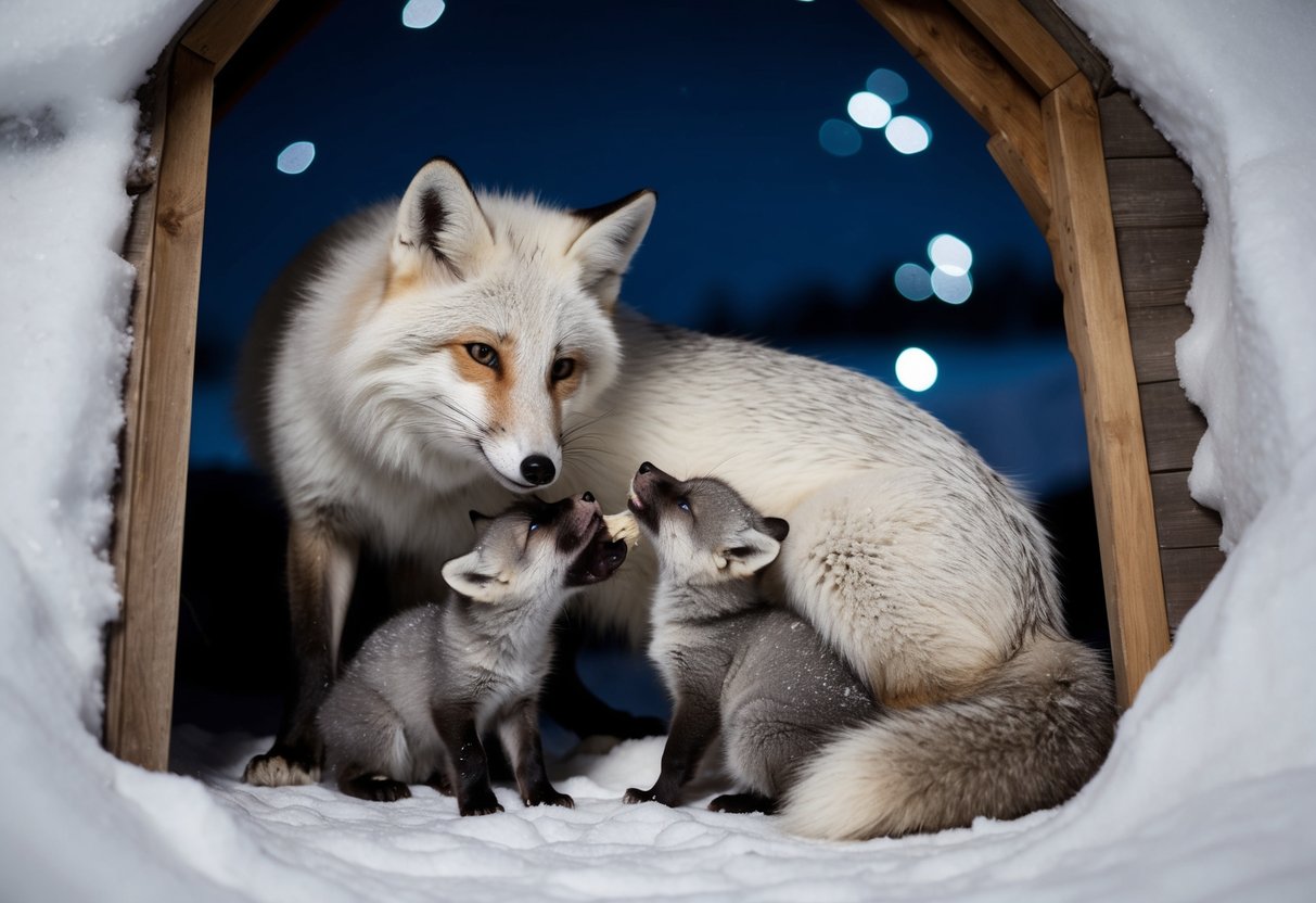 Arctic fox mother grooming and nursing her young pups in a cozy den during a snowy winter night