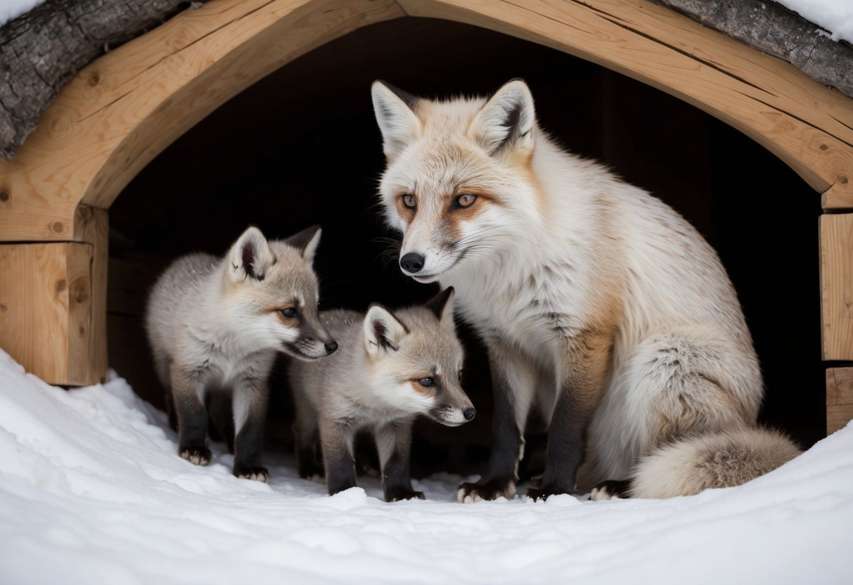 An arctic fox mother grooming her young pups in their cozy den