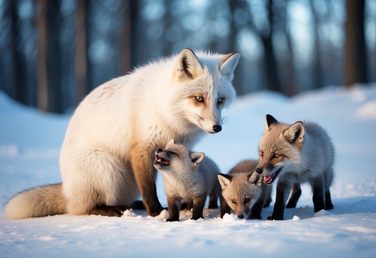 An arctic fox mother grooming and feeding her playful pups in a snowy den