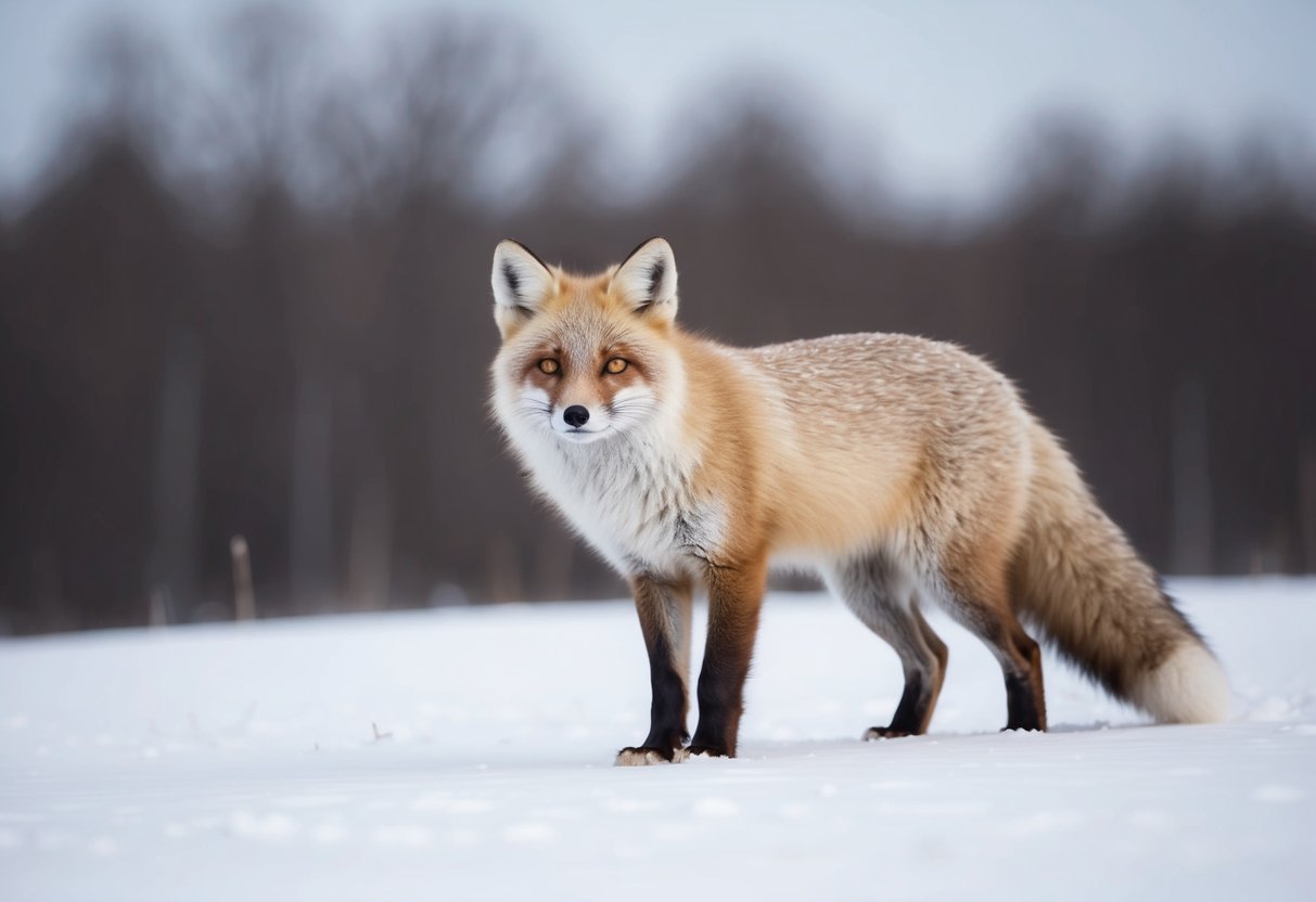 An arctic fox stands in the snow, its bushy tail curled around its body, its pointed ears alert