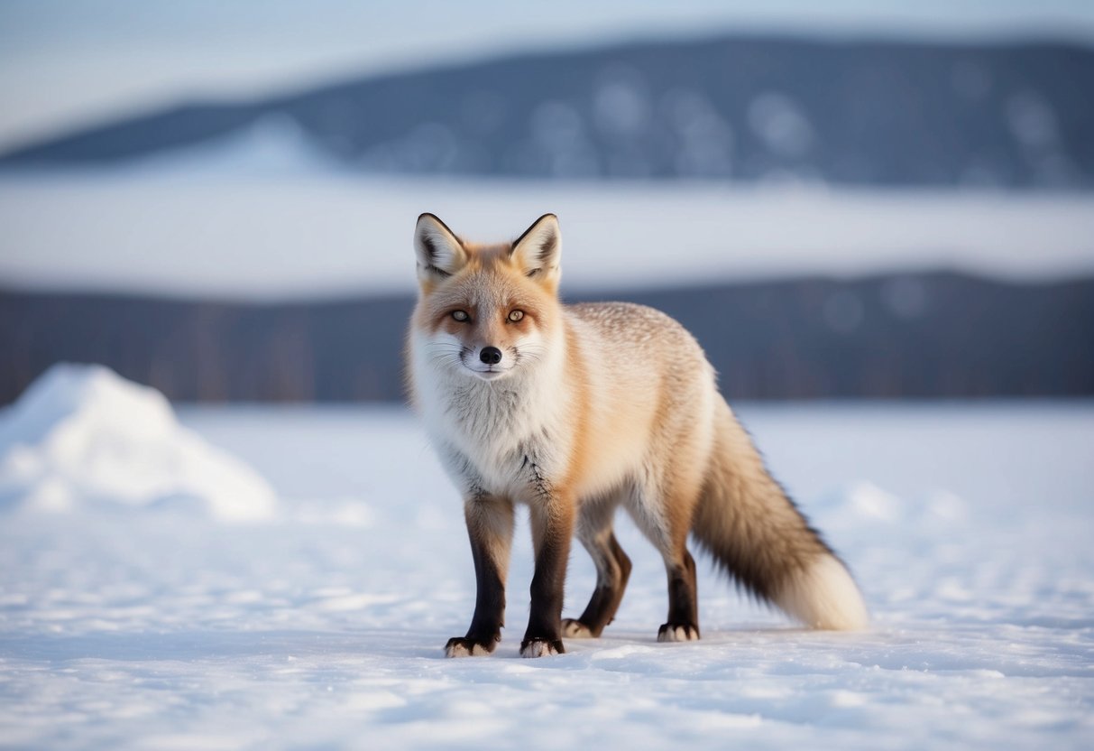 An Arctic fox standing in a snowy landscape, with its thick fur and pointed ears, resembling a small dog with a bushy tail