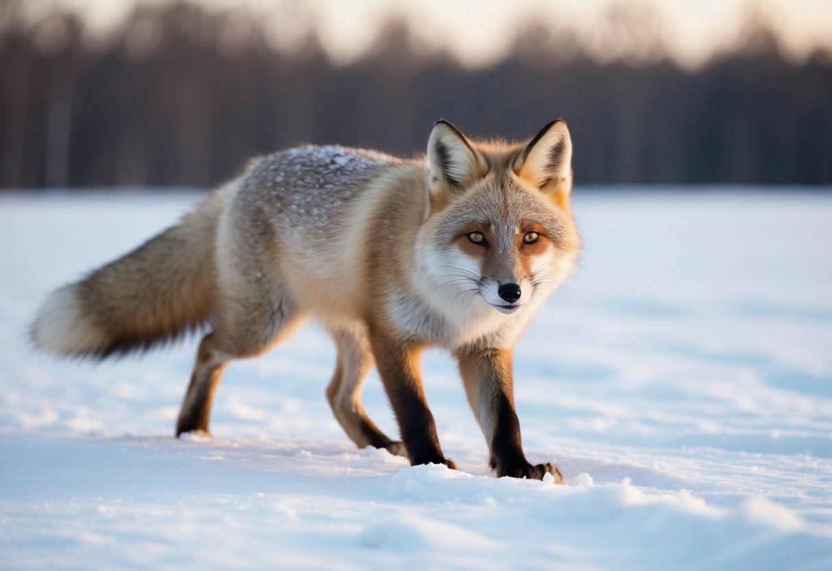An arctic fox with a bushy tail and pointy ears hunts for food in the snow