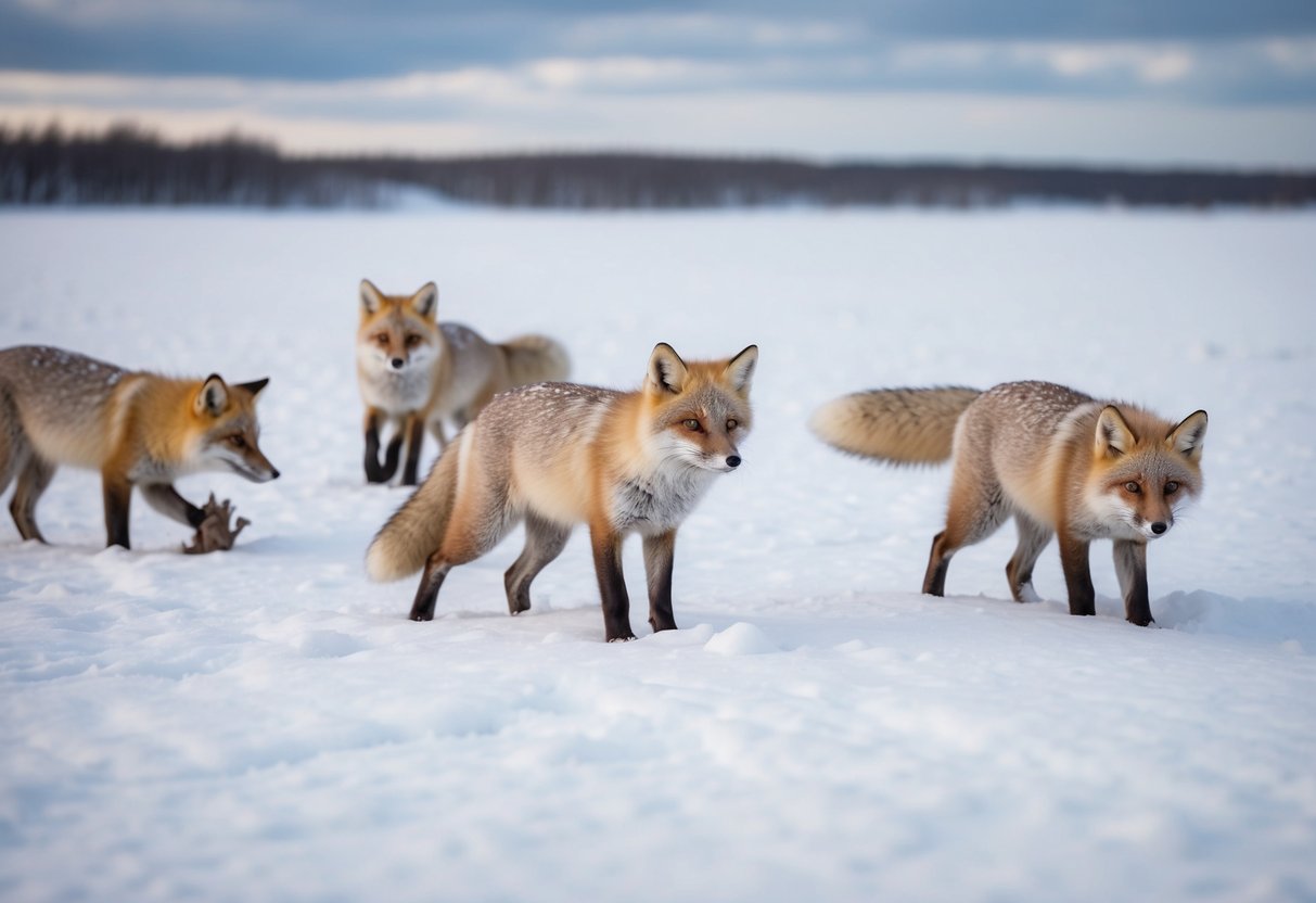 A snowy landscape with a small group of arctic foxes hunting for prey in the European wilderness