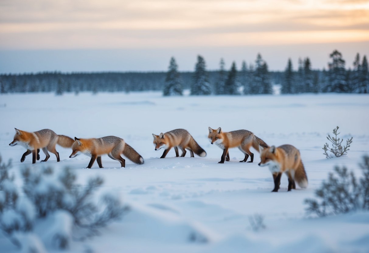 A snowy landscape with a small group of arctic foxes hunting for food in the Finnish wilderness