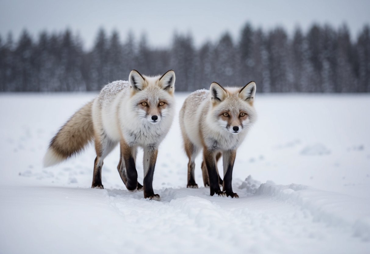 A pair of arctic foxes roam the snowy Finnish tundra, their thick white fur blending in with the winter landscape