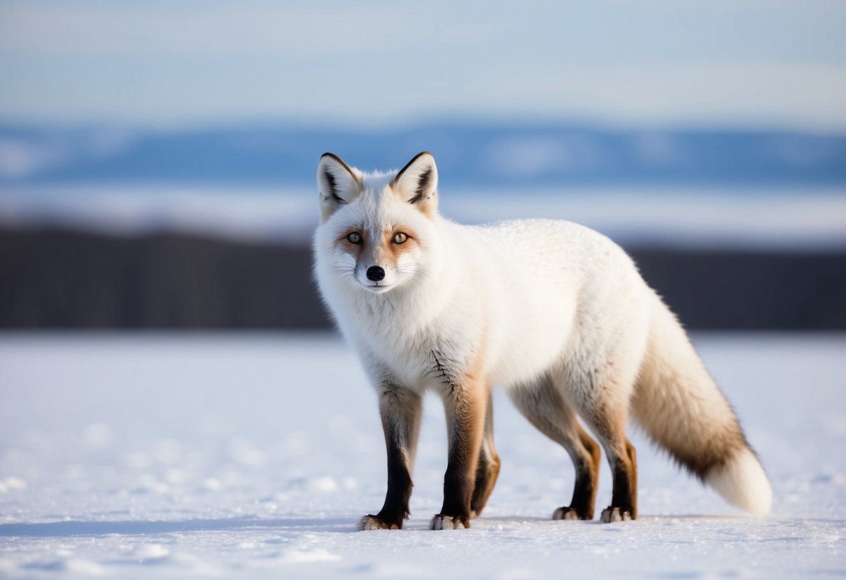 An Arctic fox stands alone on a snowy tundra, its white fur blending into the landscape. The fox's sharp eyes scan the horizon, searching for signs of danger