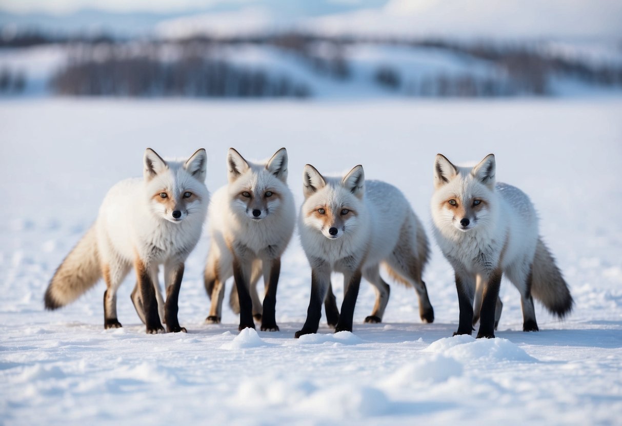 A family of arctic foxes roam the snowy European tundra, their white fur blending seamlessly with the icy landscape