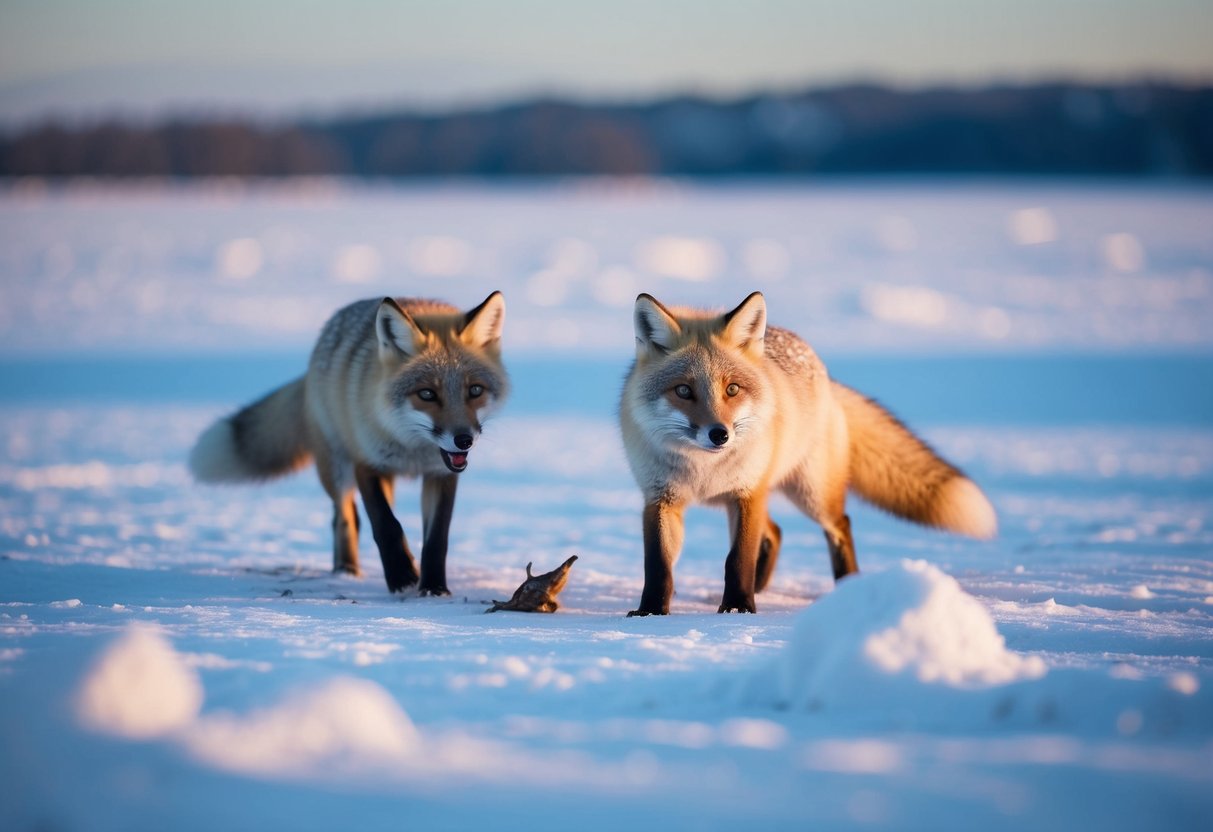 An illustration of two Arctic foxes hunting for prey in the snowy tundra of Europe
