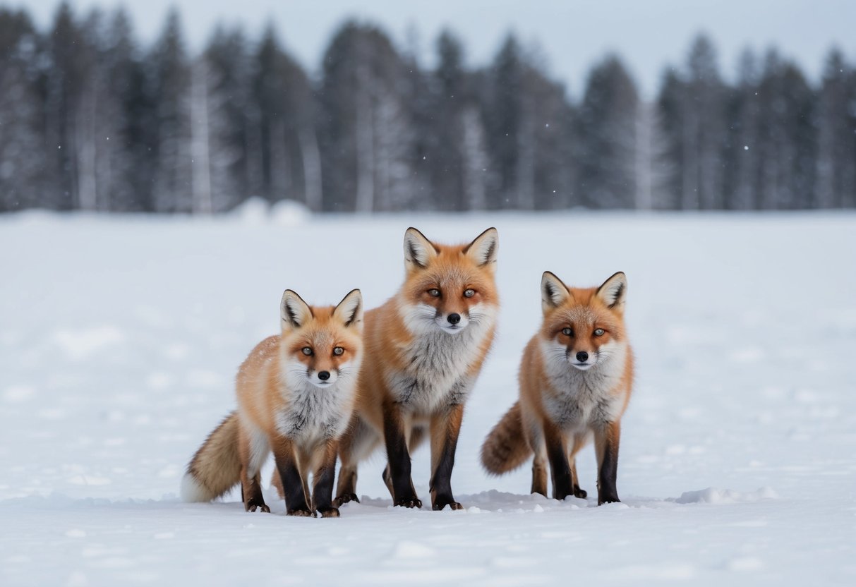 An arctic fox family of three playing in the snowy Finnish wilderness