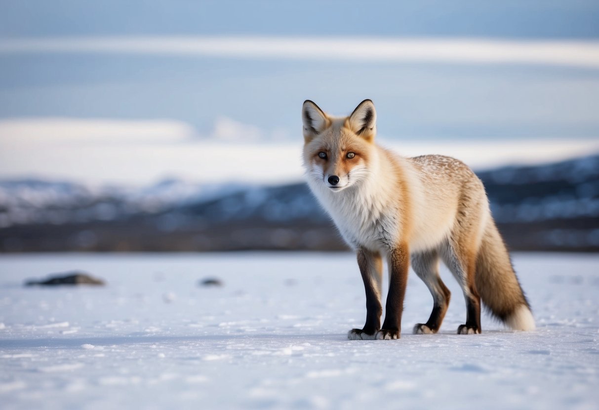 An arctic fox stands alone in a snowy European landscape, surrounded by barren tundra and facing the challenges of climate change and human encroachment