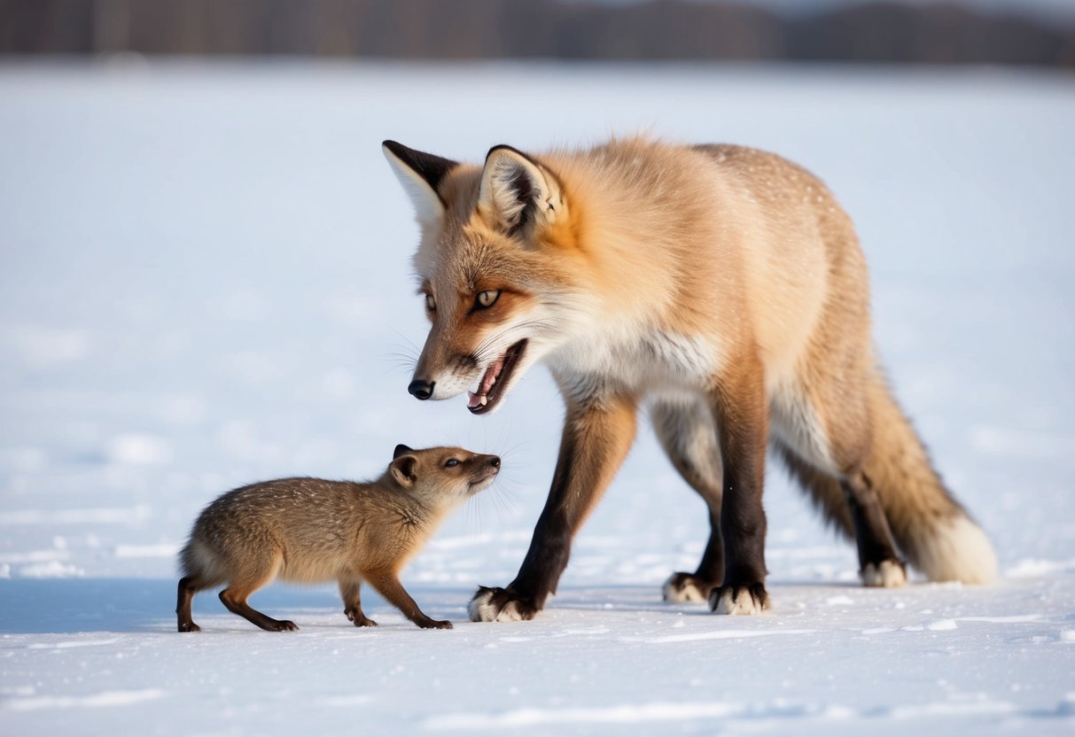 An arctic fox pouncing on a lemming in the snowy tundra