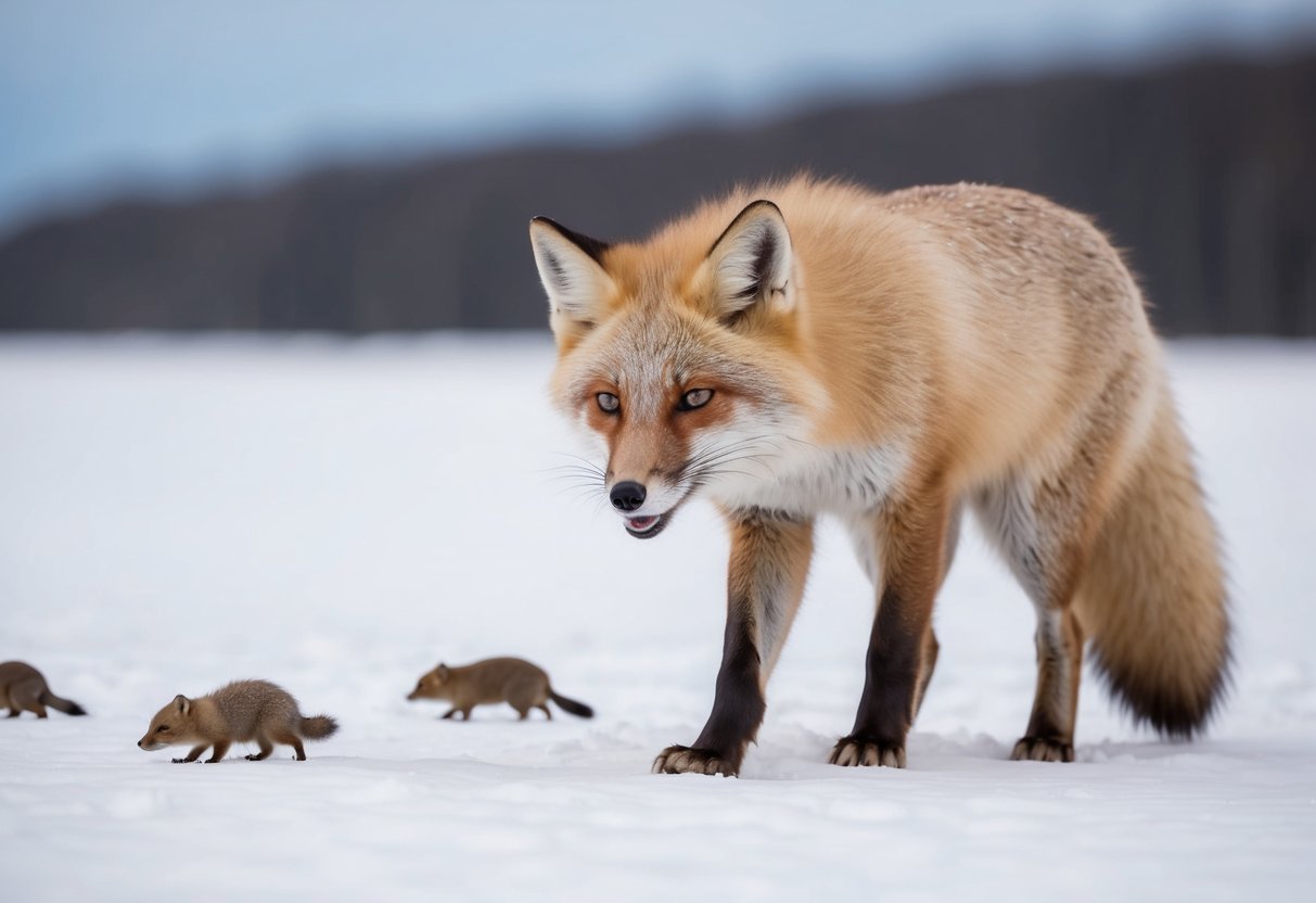 An arctic fox hunting for lemmings in the snowy tundra