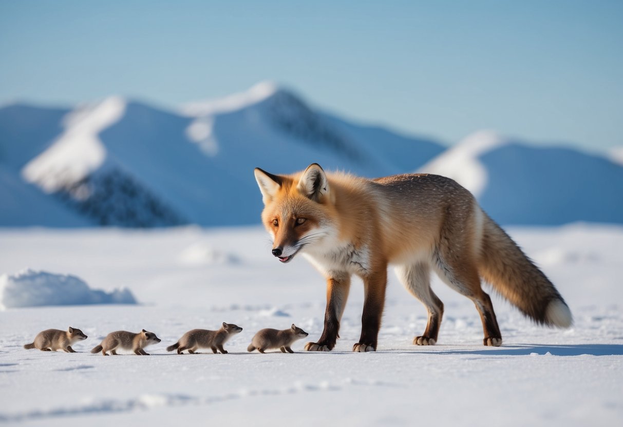 An arctic fox hunts for lemmings in a snowy landscape, with a backdrop of icy mountains and a clear blue sky