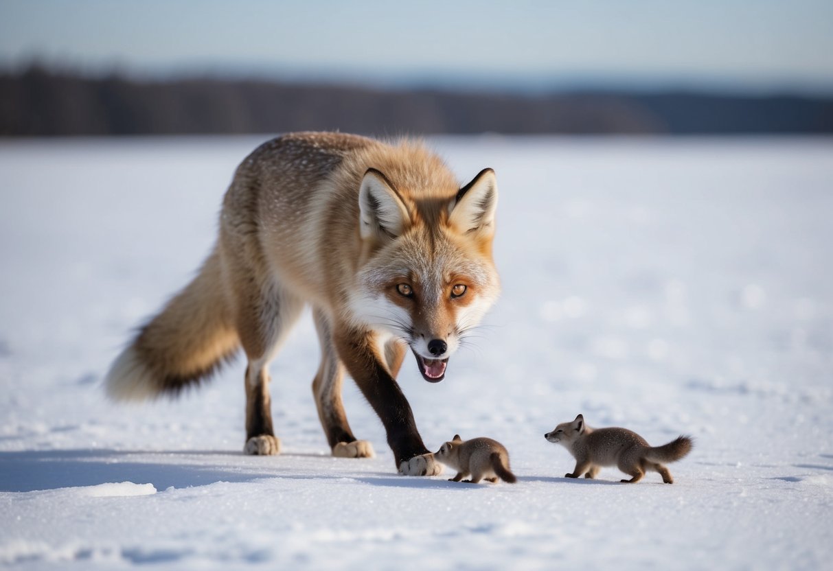 An arctic fox hunting for lemmings in a snowy tundra landscape