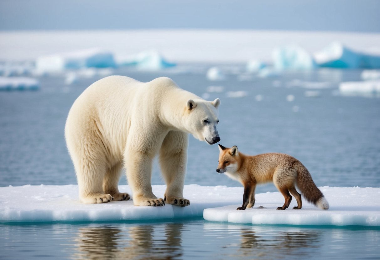 A polar bear and an arctic fox stand on separate ice floes, with the bear looking down at the fox with disinterest. The icy landscape stretches out around them, showcasing the harsh environment they both inhabit