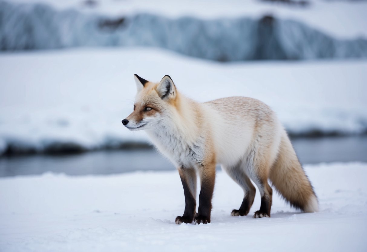 An arctic fox stands in a snowy landscape, its fur fluffy and white against the icy backdrop. It sniffs the air, its keen senses alert to any potential prey or danger