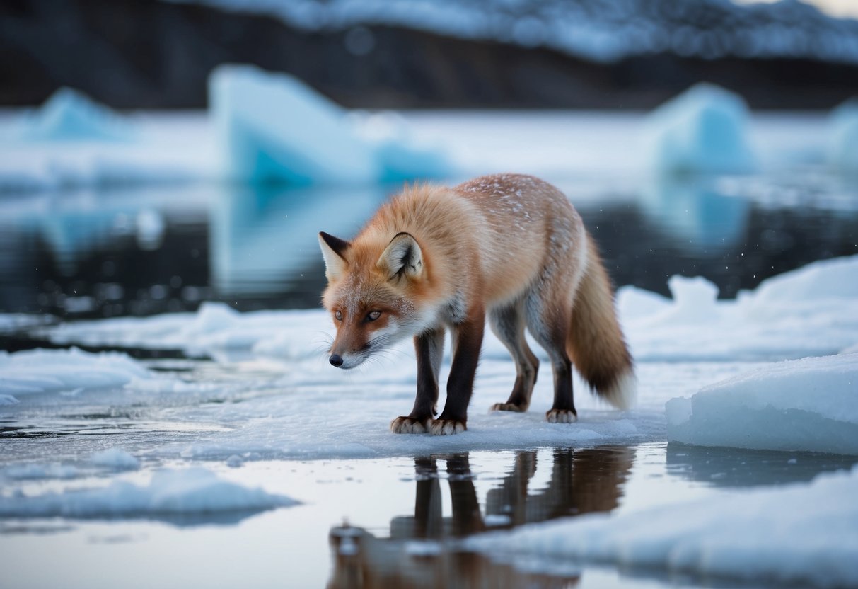 An arctic fox sniffs the air, surrounded by melting snow and ice
