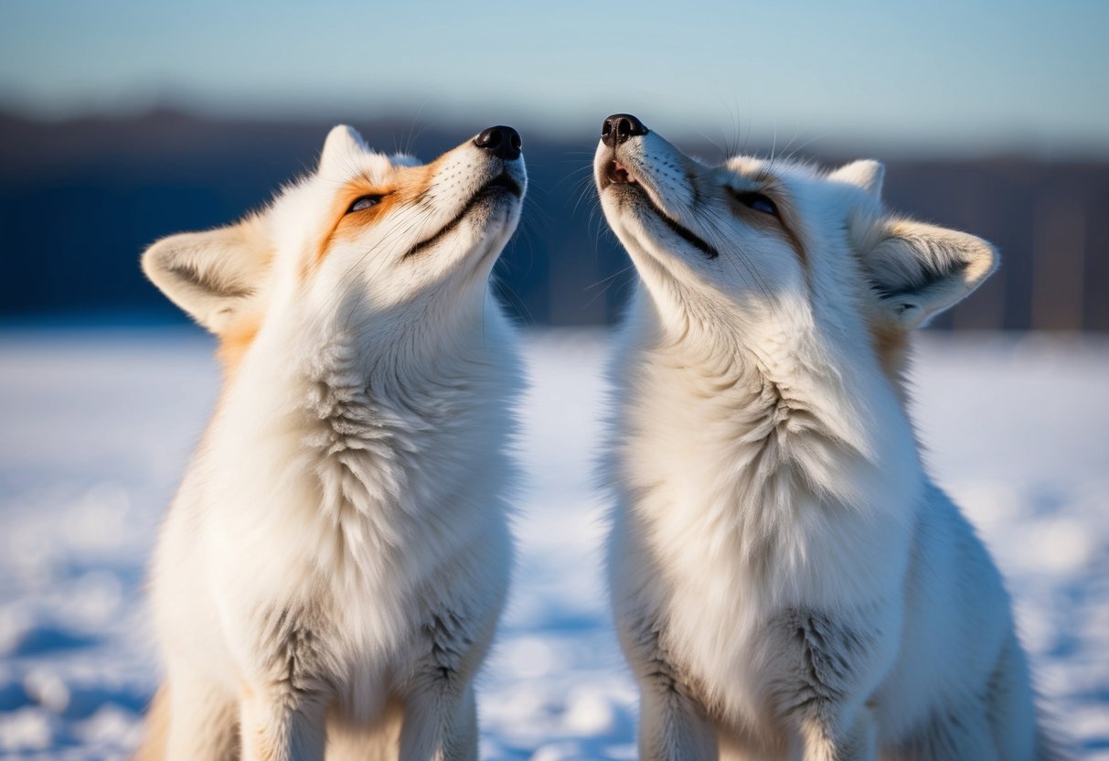 Two arctic foxes, their fur thick and fluffy, sniff the air with their noses raised high, surrounded by the icy landscape of the tundra