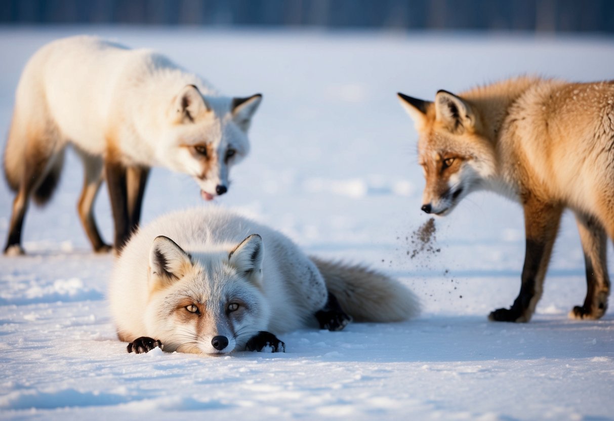 An arctic fox is rolling in the snow, its fur puffed up and emitting a musky odor. Nearby, another fox is marking its territory with a pungent scent