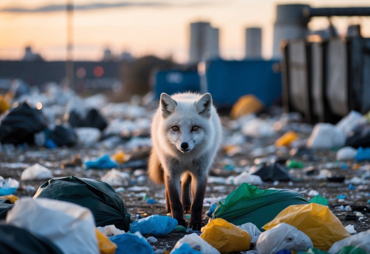 An arctic fox surrounded by garbage and pollution, with a strong odor emanating from the waste
