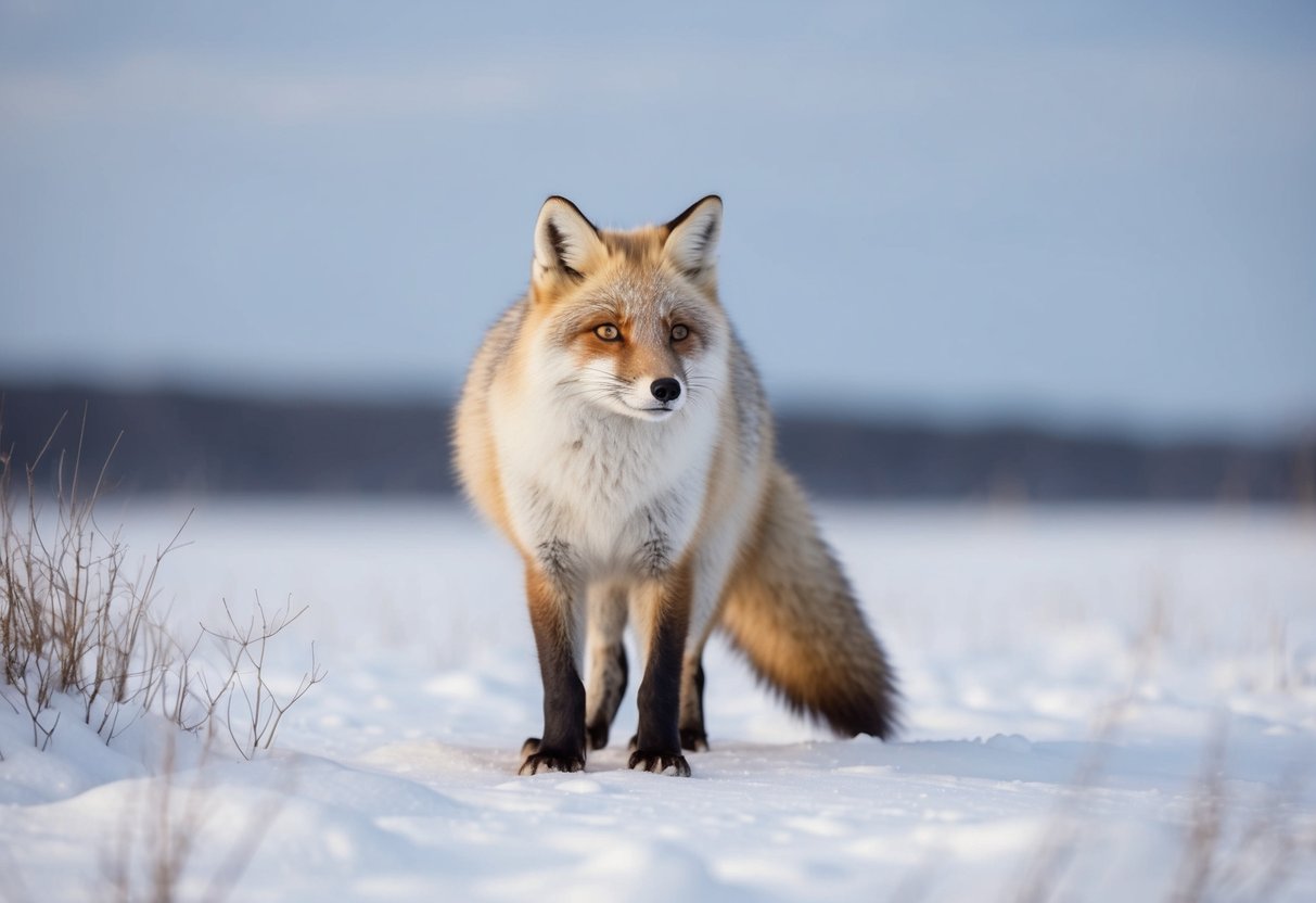 An arctic fox stands in a snowy landscape, its thick coat fluffed out to keep warm in the cold environment